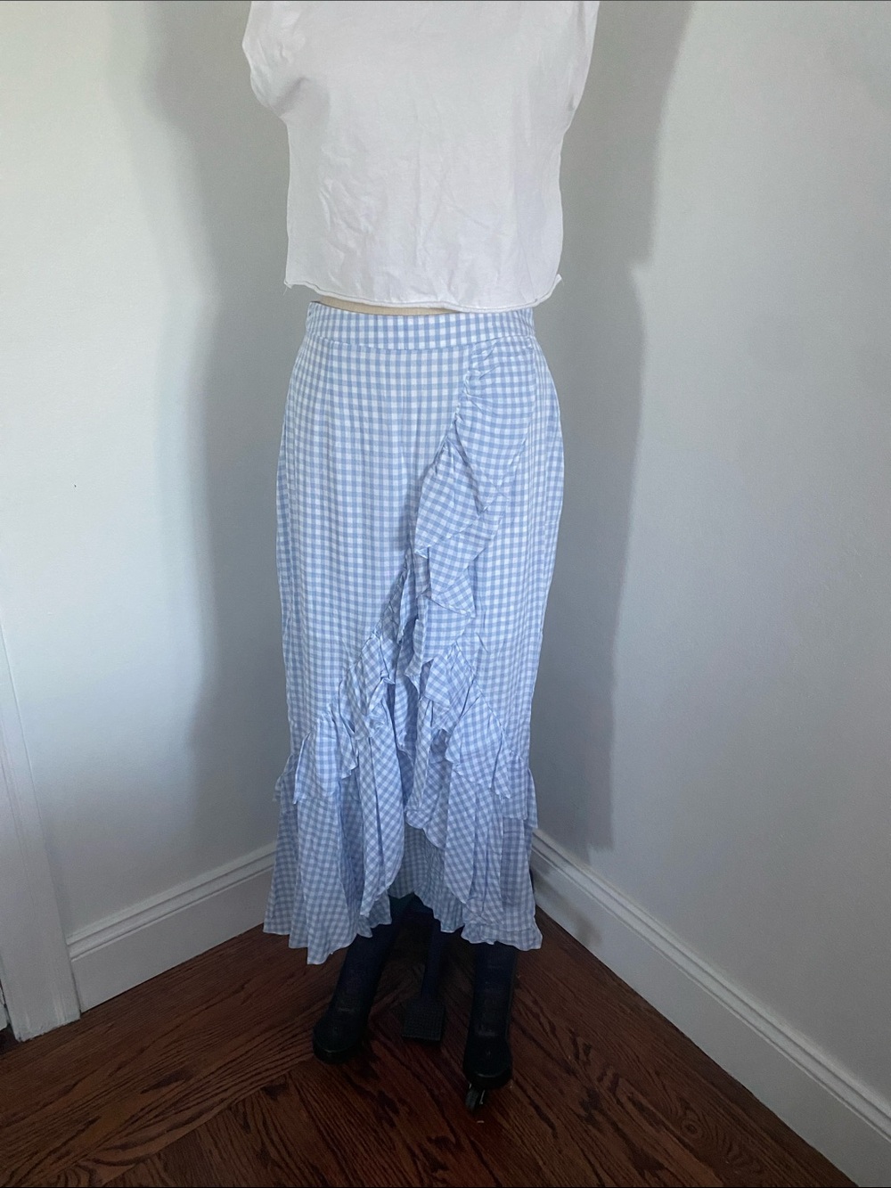 BB Dakota Light Blue Gingham Ruffle Maxi Skirt